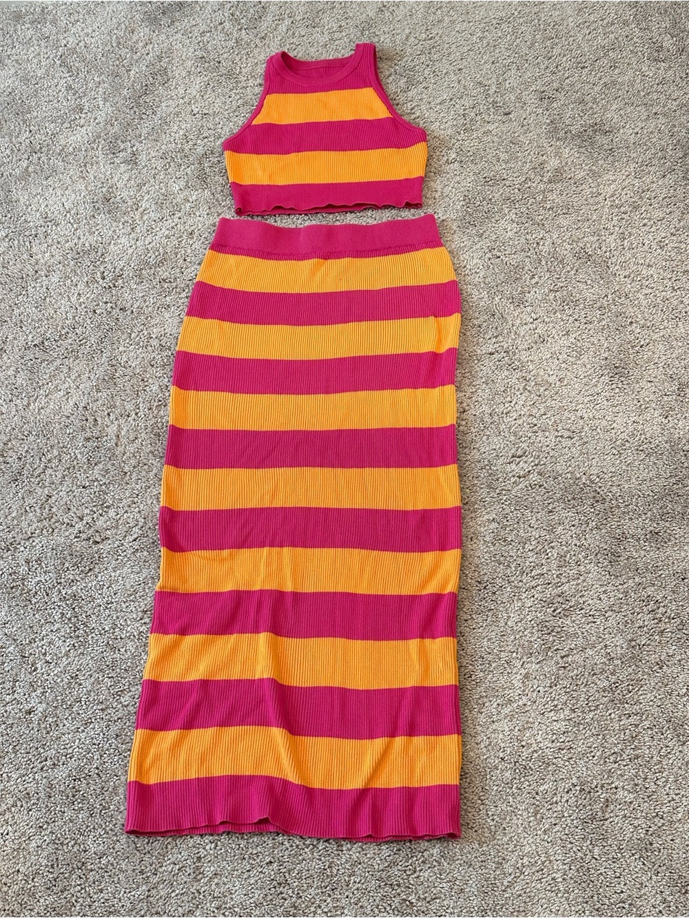 SHEIN Pink & Orange Ribbed Striped Knit Two-Piece.